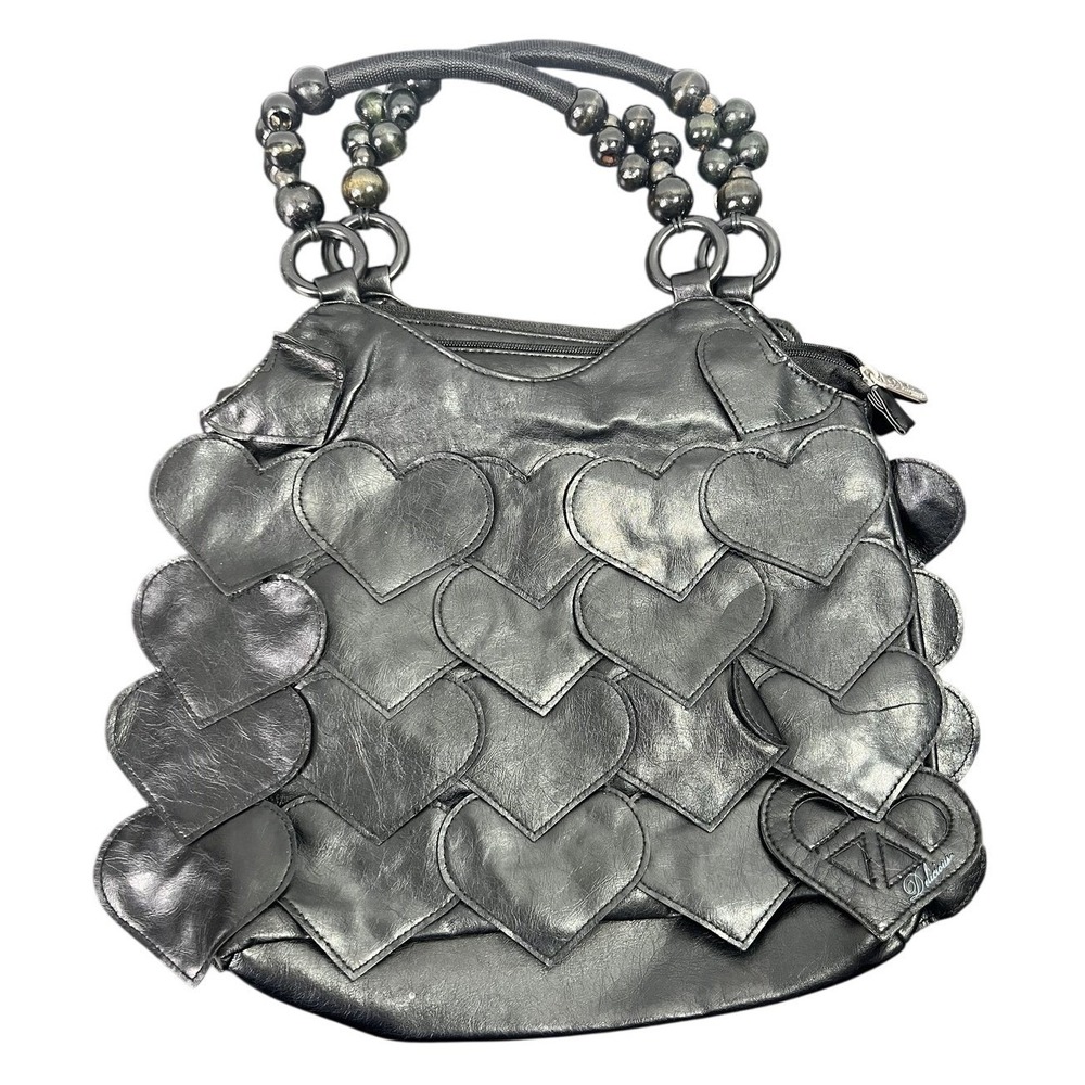 Delicious Black Faux Leather Heart Applique Satchel Handbag Beaded Handles Purse